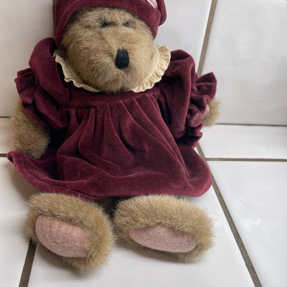 Plush Boyd’s Bear, “Auntie Lola” in Burgundy velvet dress and cap.